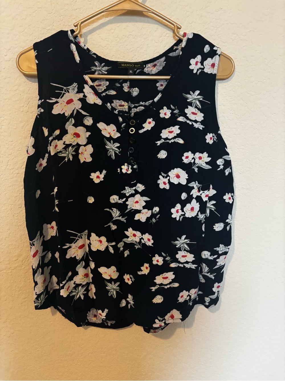 Mango Suit Girls Black Sleeveless Blouse Red White Floral Print Size XL